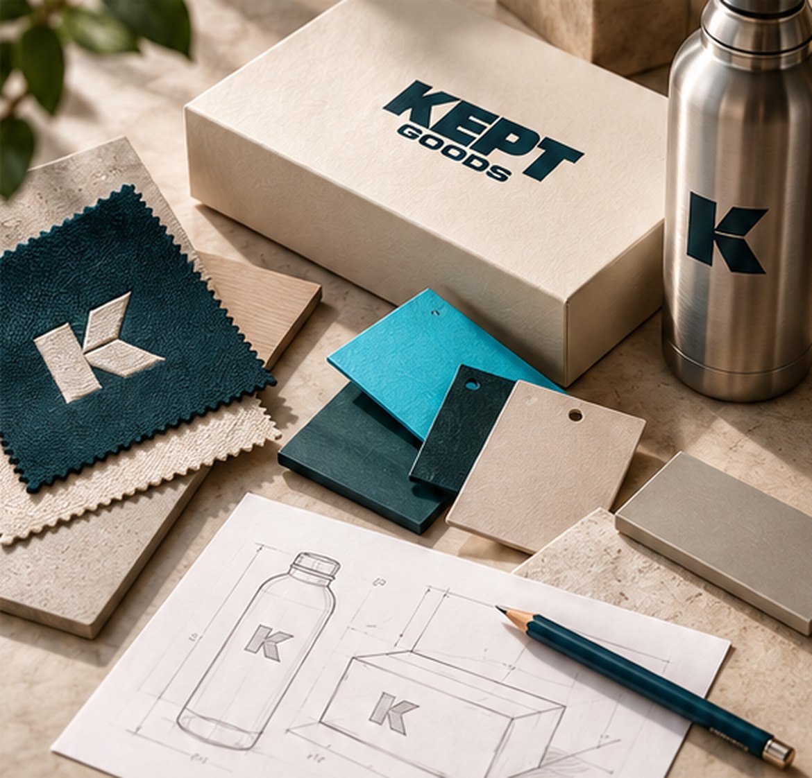Materiaalstalen, schetsen en een doos met Kept Goods-logo