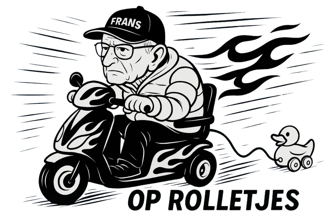 Het ontwerp: opa Frans op een scootmobiel met vlammen, met een eendje op wieltjes erachter