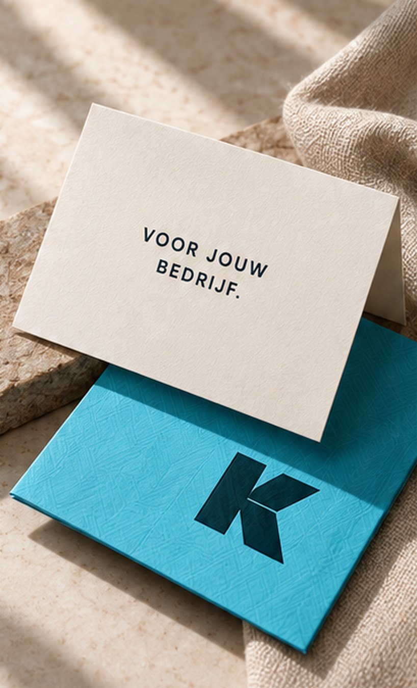 Kaart met de tekst Voor jouw bedrijf op een blauwe envelop met K-logo