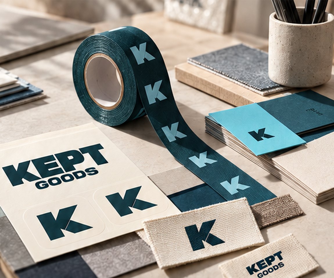 Werktafel met Kept Goods-tape, stickers en labels
